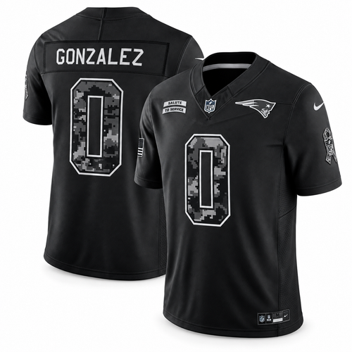 Men’s Christian Gonzalez #0 New England Patriots 2026 Salute to Service Stitched Limited Jersey – Black
