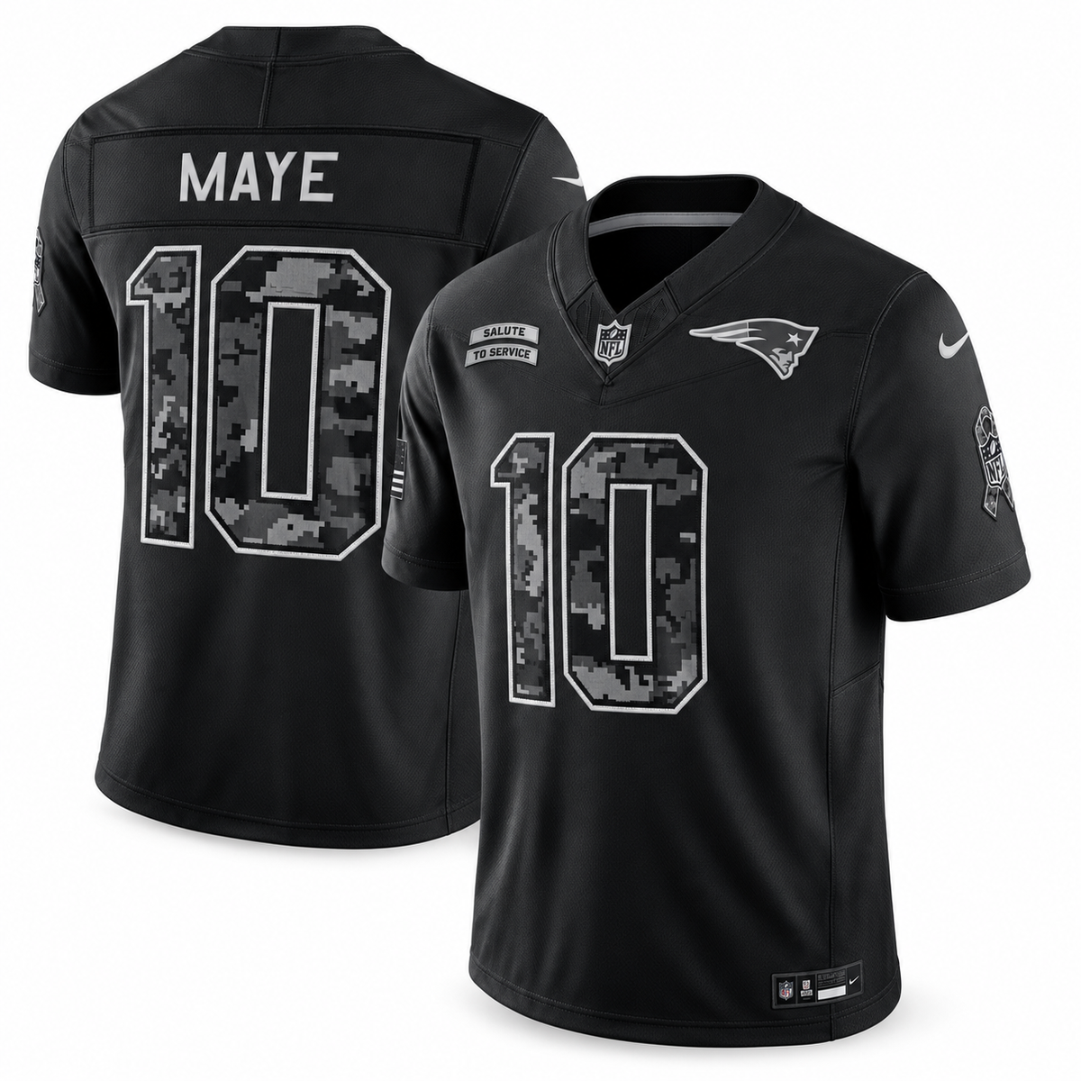 Men’s Drake Maye #10 New England Patriots 2026 Salute to Service Stitched Limited Jersey – Black