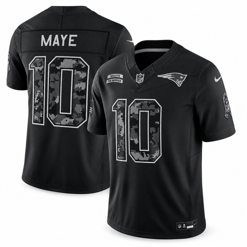 Men’s Drake Maye #10 New England Patriots 2026 Salute to Service Stitched Limited Jersey – Black