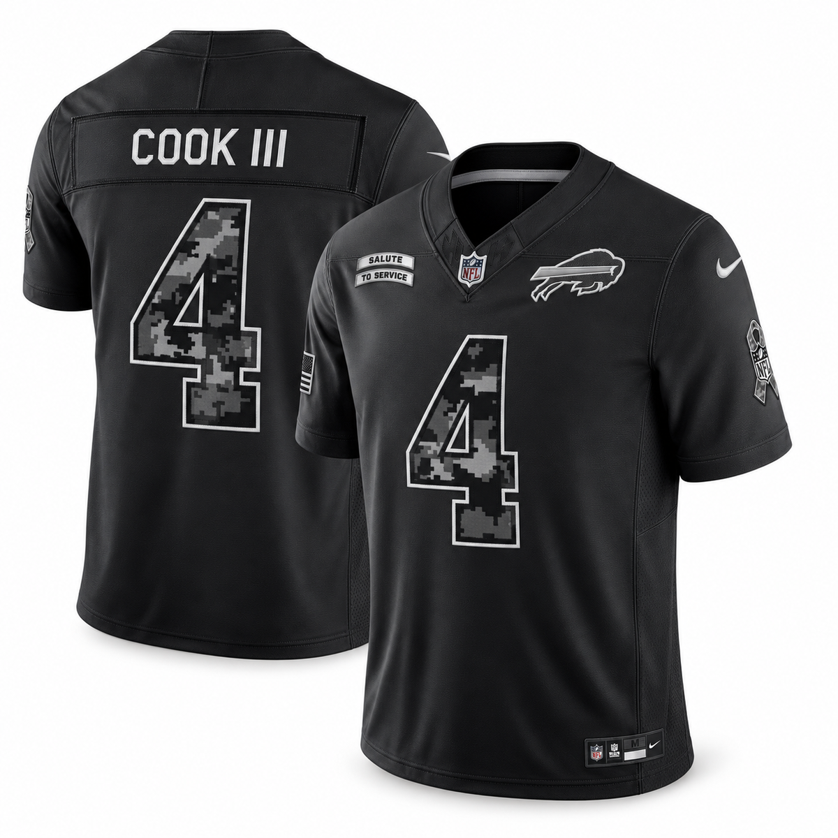 Men’s James Cook III #4 Buffalo Bills 2026 Salute to Service Stitched Limited Jersey – Black