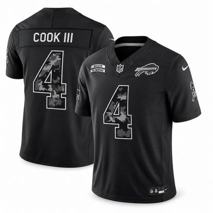 Men’s James Cook III #4 Buffalo Bills 2026 Salute to Service Stitched Limited Jersey – Black