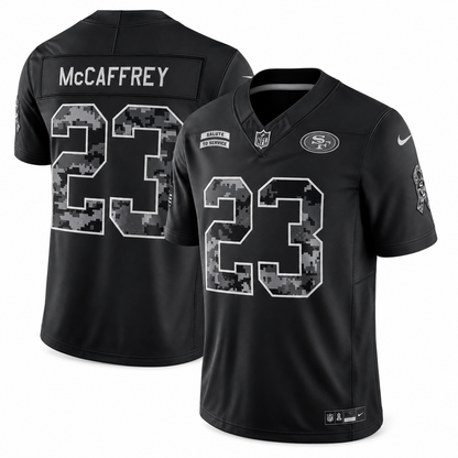 Men’s Christian McCaffrey #23 San Francisco 49ers 2026 Salute to Service Stitched Limited Jersey – Black
