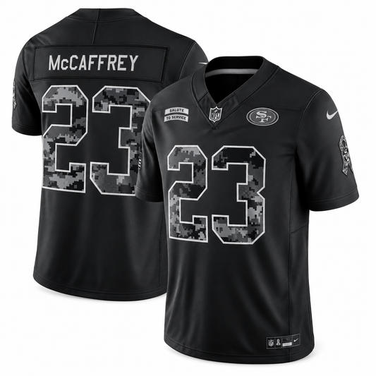 Men’s Christian McCaffrey #23 San Francisco 49ers 2026 Salute to Service Stitched Limited Jersey – Black