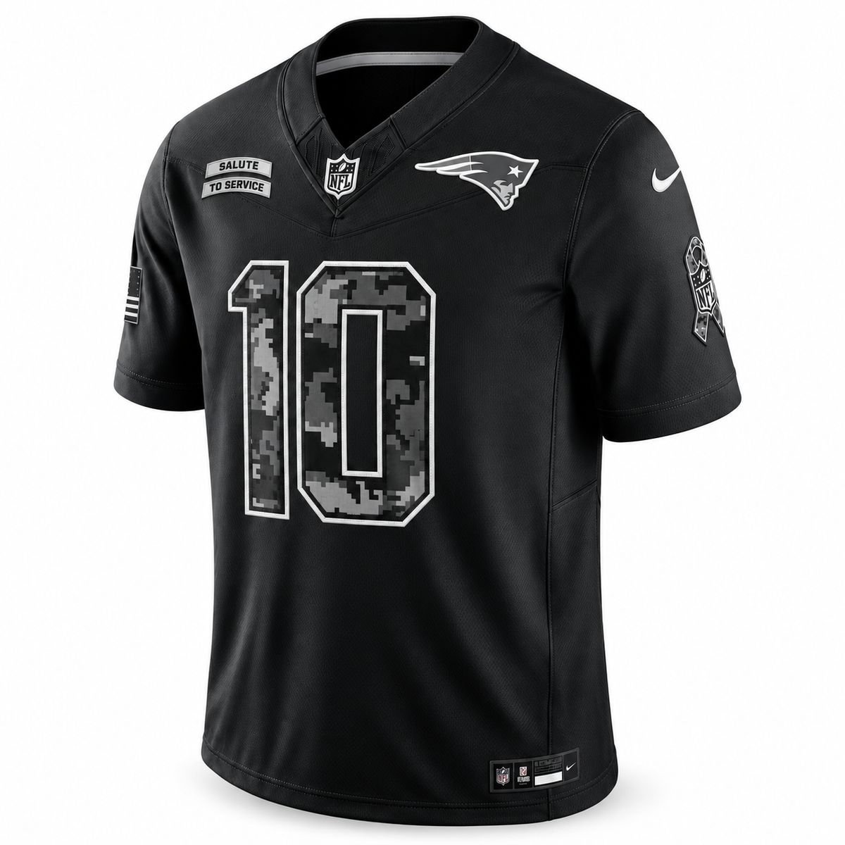 Men’s Drake Maye #10 New England Patriots 2026 Salute to Service Stitched Limited Jersey – Black