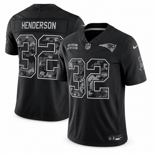 Men’s TreVeyon Henderson #32 New England Patriots 2026 Salute to Service Stitched Limited Jersey – Black